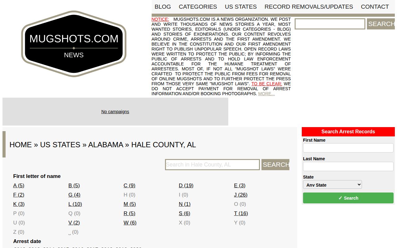 Stale unofficial Hale County mugshot and arrest news archive from 2012 through 2020
